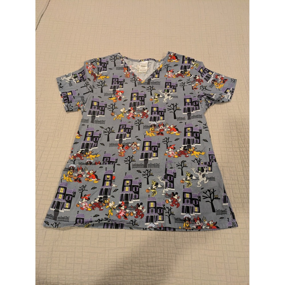Disney Mickey Minnie Halloween Scrub Top Ghost House Orange Purple Gray Size S